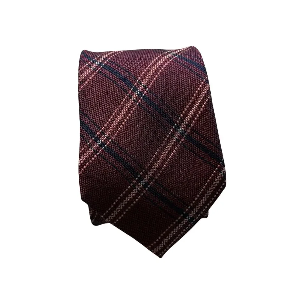 ROUNDTREE & YORK Vintage Silk Necktie Designer Burgundy Checkered W3.25 L55 233